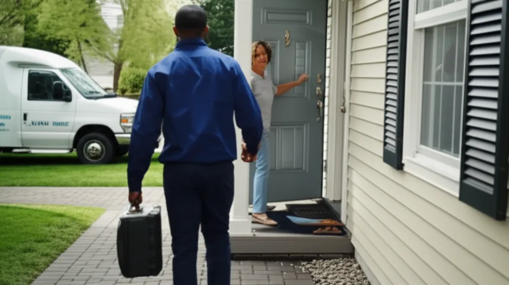 A person carrying a hard tool case at the front door of a clapboard house as the door is opened from inside