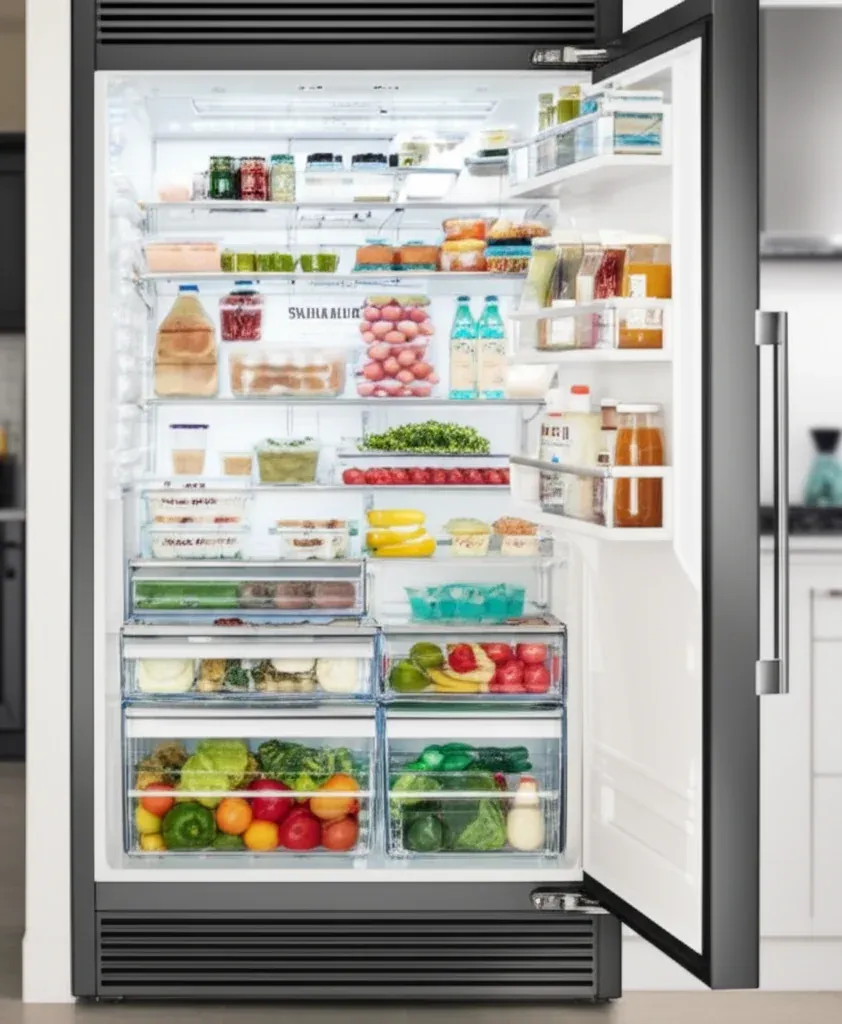 The open interior of a refrigerator with glass shelves of food, jars along the door and produce in two clear lower drawers