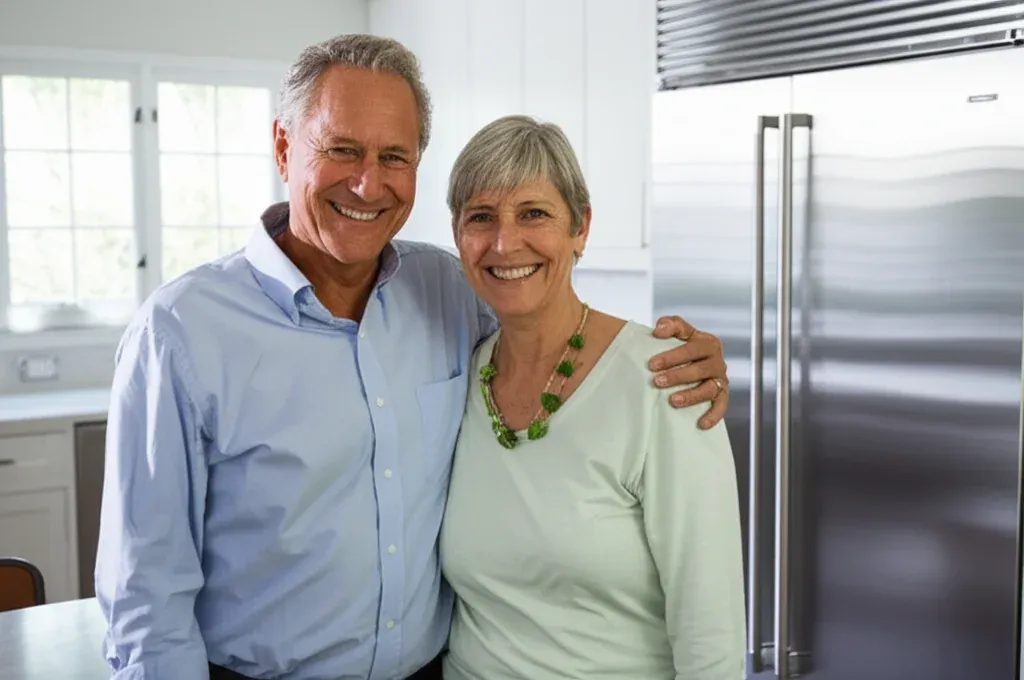Two people standing side by side in a white kitchen beside the tall handles of a stainless refrigerator column