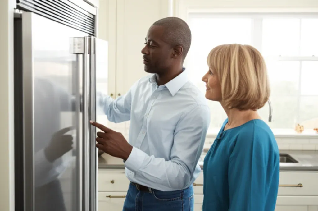Two people facing a tall stainless refrigerator cabinet, one of them pointing at the door front
