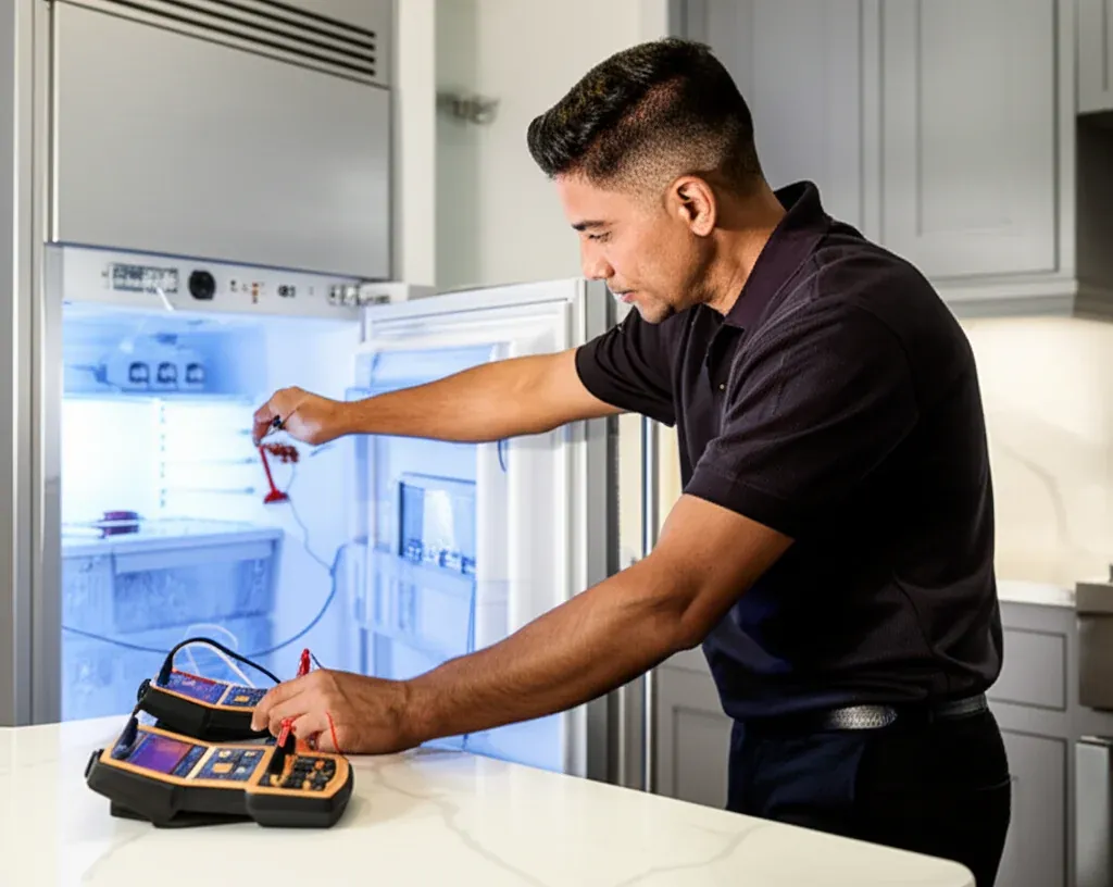 A person reaching into an empty, brightly lit refrigerator cavity with an open diagnostic instrument on the counter beside them