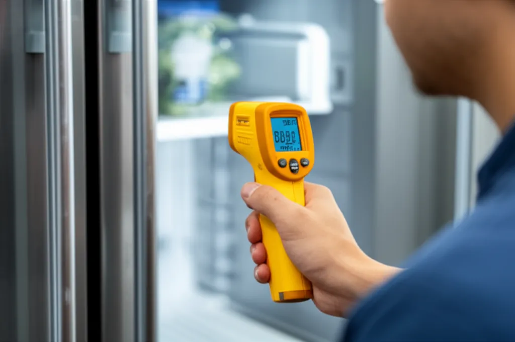 A hand holding a yellow infrared thermometer with its display lit, aimed into an open refrigerator cabinet