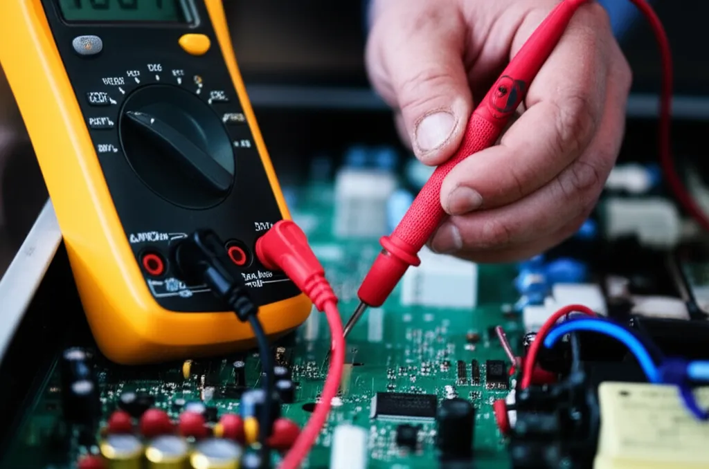Two red multimeter probes held against a green control board covered in capacitors and relays, the meter dial in the foreground