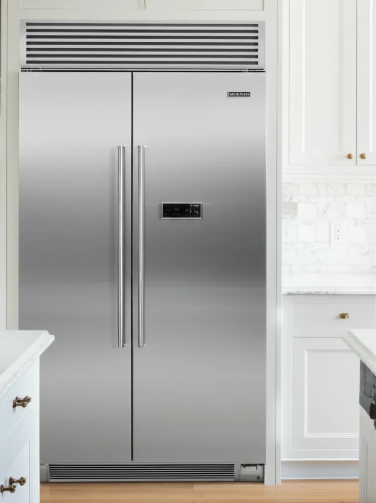 A stainless side-by-side built-in refrigerator set flush into white cabinetry beside a tiled wall
