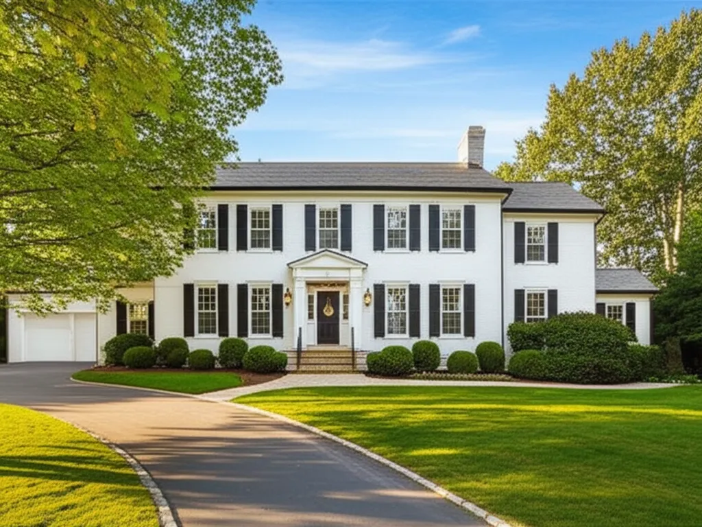 A white clapboard colonial house with black shutters and a curving driveway under mature trees
