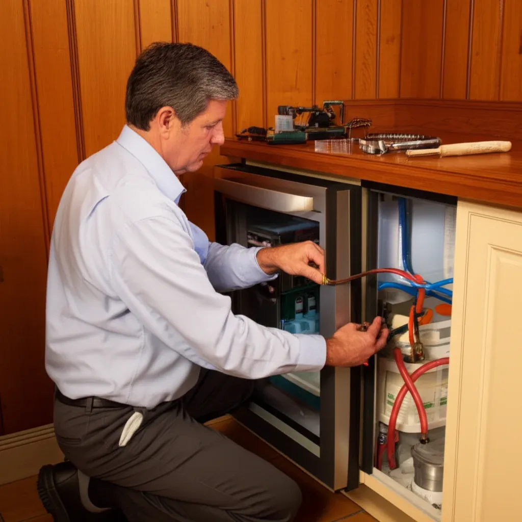 A person crouched at the open service compartment beneath a wood-panelled built-in unit, tubing and fittings in view